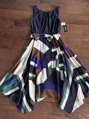 SLNY Handkerchief-Hem Sleeveless Midi Dress Womens 8 Navy Blue Belted New